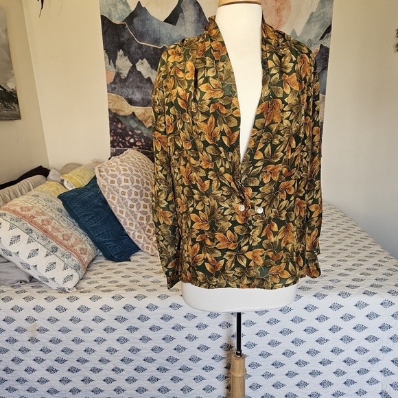 Vintage Quo Silk Leaf Print Blouse Jacket L | Fall Grandpa Fit - Picture 4 of 13